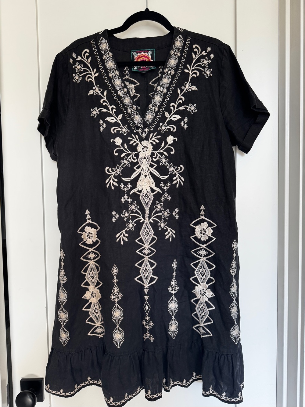 Johnny Was black linen dress with gorgeous extensive cream embroidery